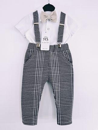 Svētku, kristību, kāzu, dzimšanas dienas kostīms mazuļiem ar bodiju ar īsām piedurknēm- melnbaltām rūtīm un bēšu tauriņu