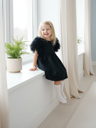 Melna svētku, dzimšanas dienas kleita ar apjomīgām tilla piedurknēm "Melnais maigums" no 80-140 izmēram