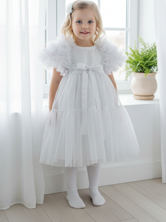 Balta svētku, kristību, dzimšanas dienas kleita ar tillu ar apjomīgām tilla piedurknēm 80-140 izmērs