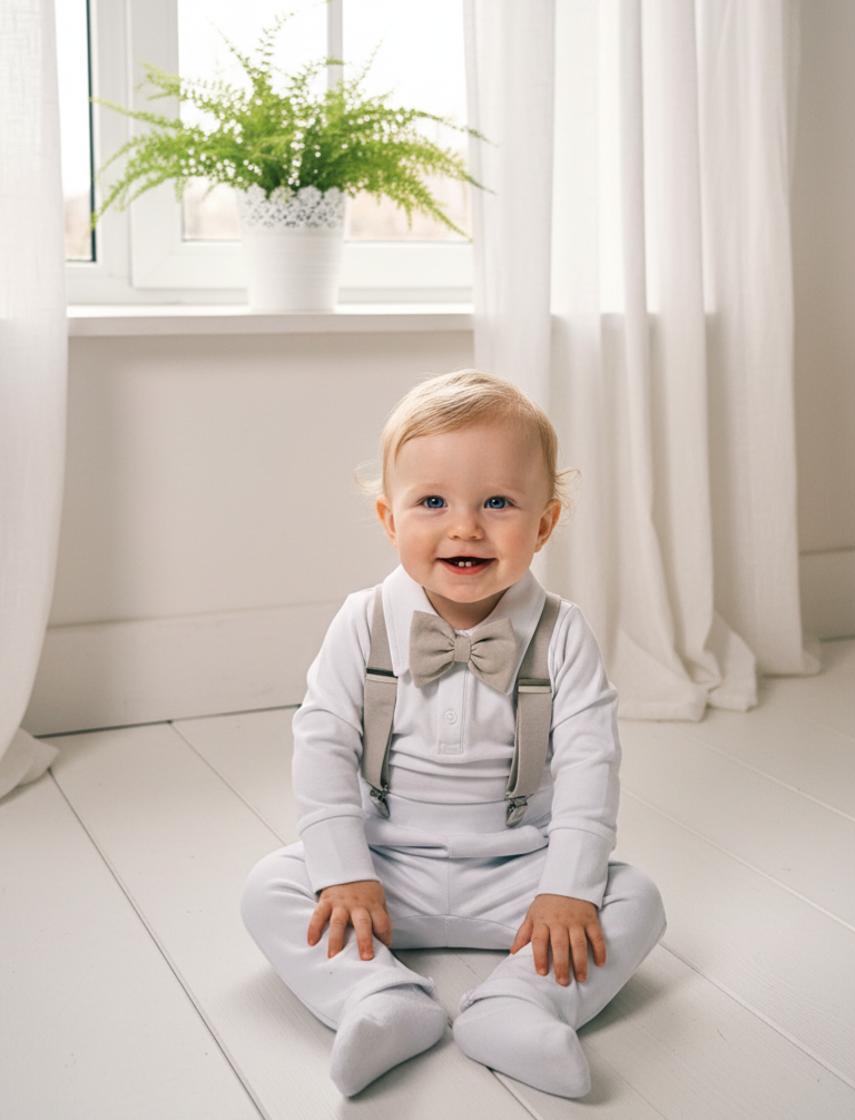 Svētku, kristību tērps mazuļiem ar bēšiem akcentiem no 62-92 izmēram